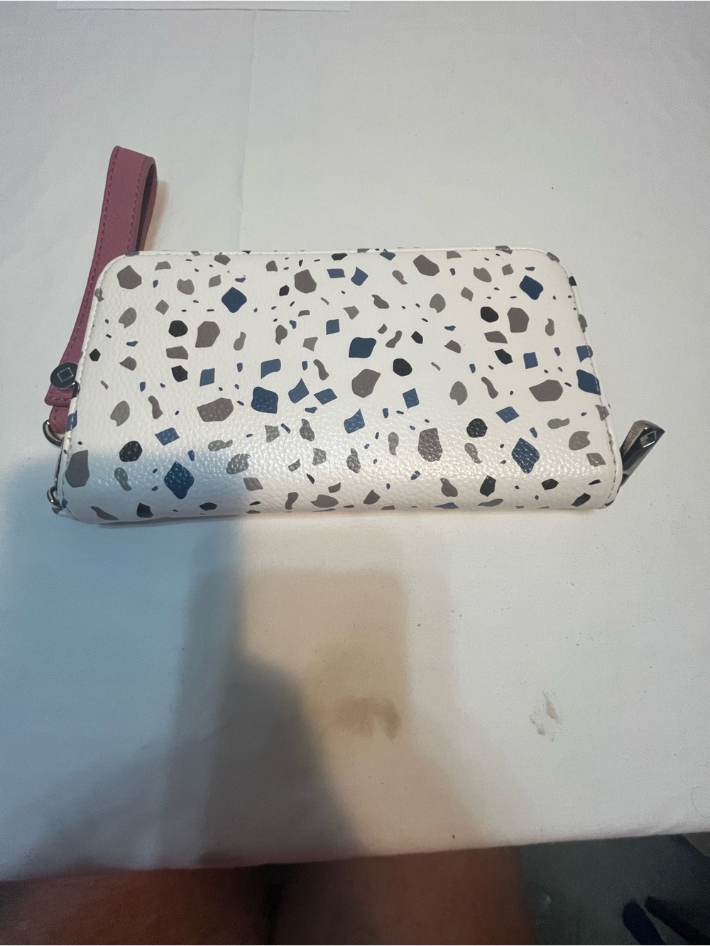 White Terrazzo Print Wristlet Clutch with Pink Strap